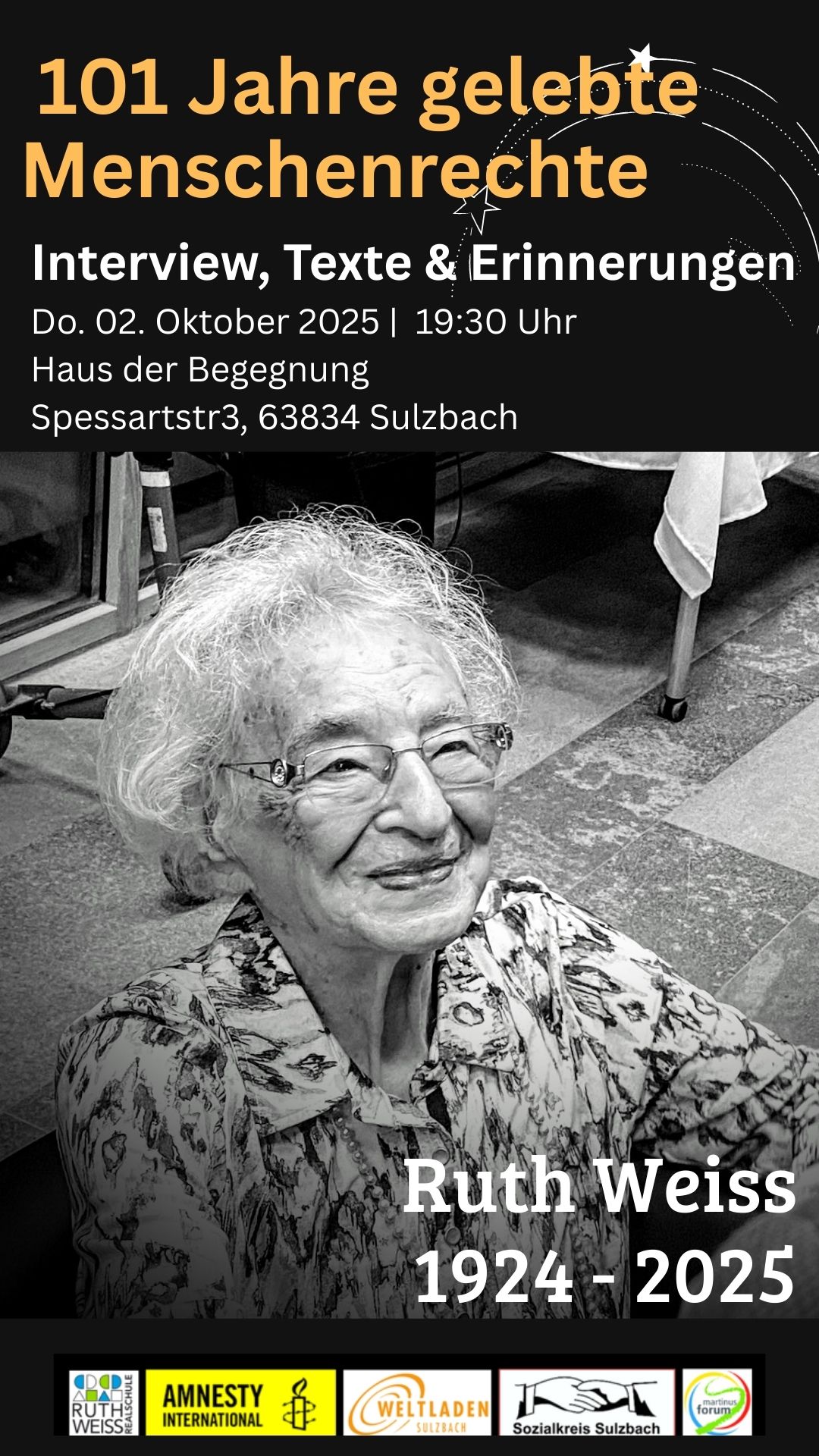 Mehr über den Artikel erfahren 101 Jahre gelebte Menschenrechte – Veranstaltungsreihe mit Texten und Erinnerungen von Ruth Weiss in Sulzbach 2.-12.Okt.2025