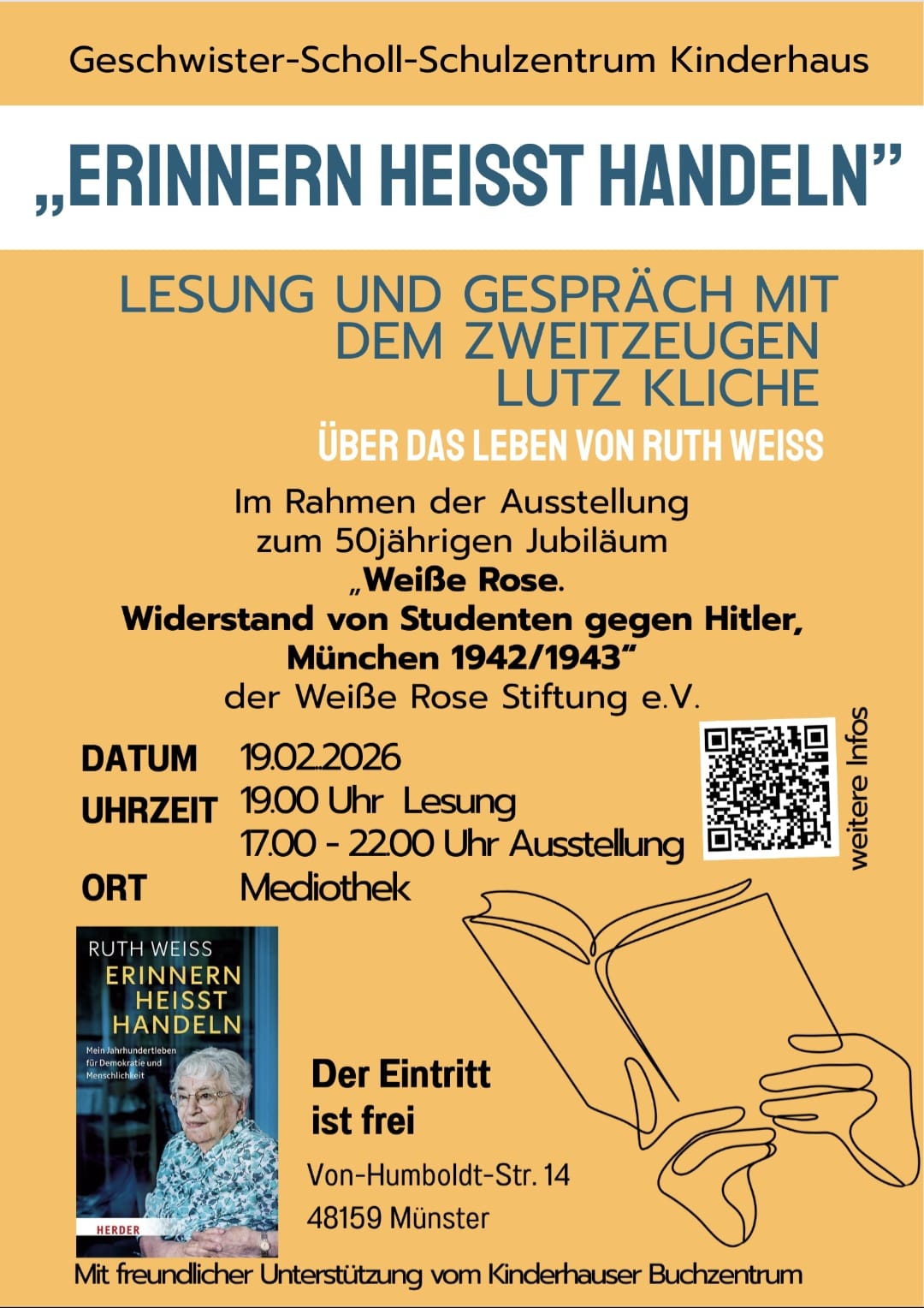 Mehr über den Artikel erfahren Ausstellung Weisse Rose & Zweitzeugenlesung Ruth Weiss 19. Feb 2026 19Uhr im Geschwister-Scholl-Schulzentrum Münster